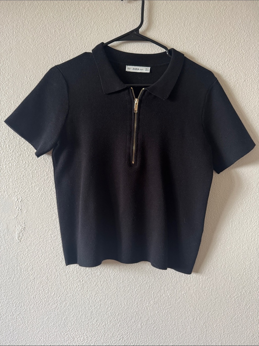 Zara - Black Short-Sleeve Gold Zip Polo Knit Top - Size M